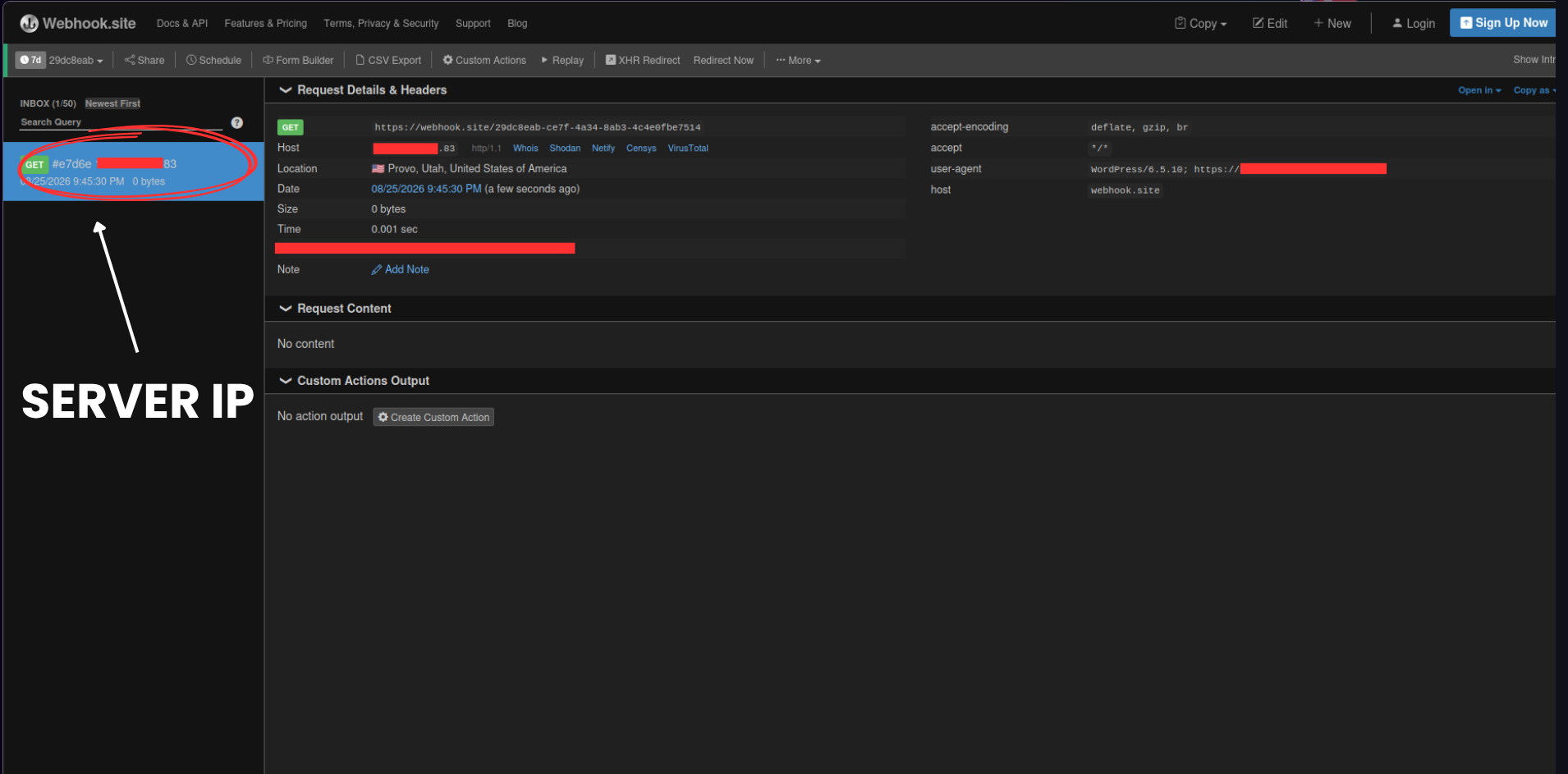 Webhook.site recibiendo una petición saliente desde el servidor vulnerable