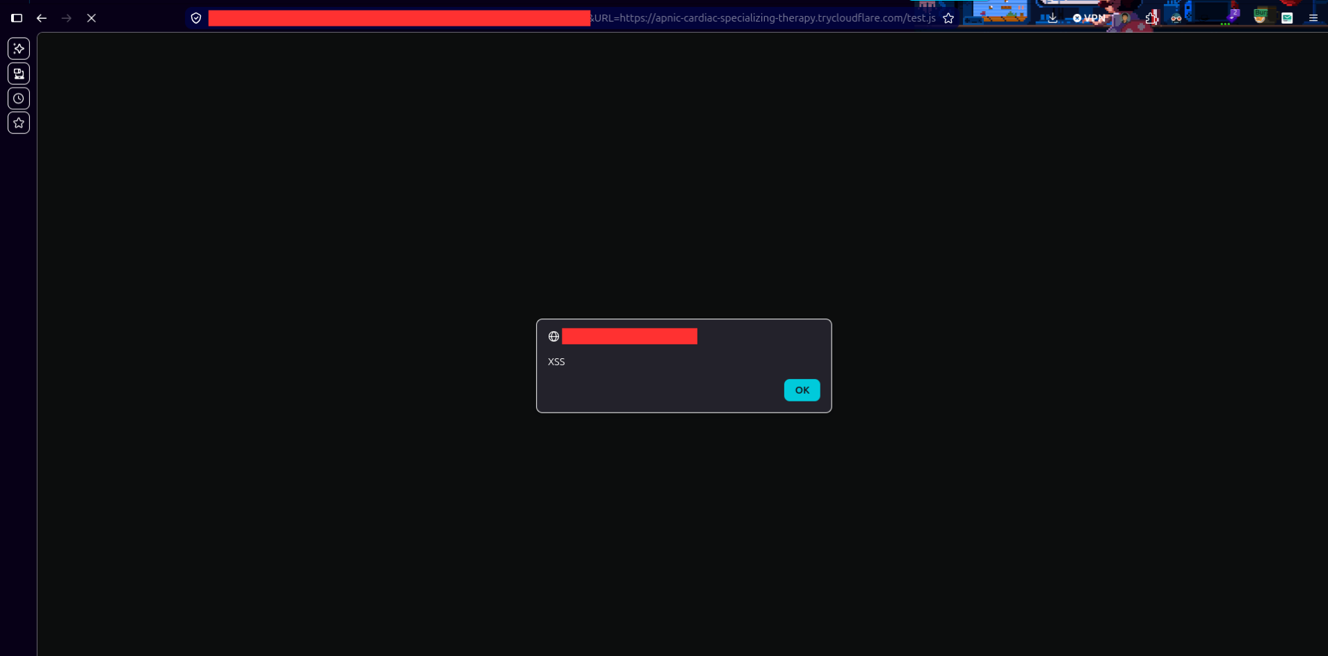 Ejecución de un XSS de prueba en el dominio vulnerable