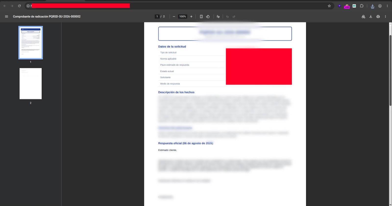 Comprobante de radicación PQRSD-SU-2026-000002 con los datos completos de la solicitud
