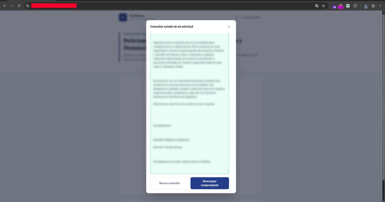 Modal de consulta de estado mostrando la respuesta oficial de una PQRS ajena