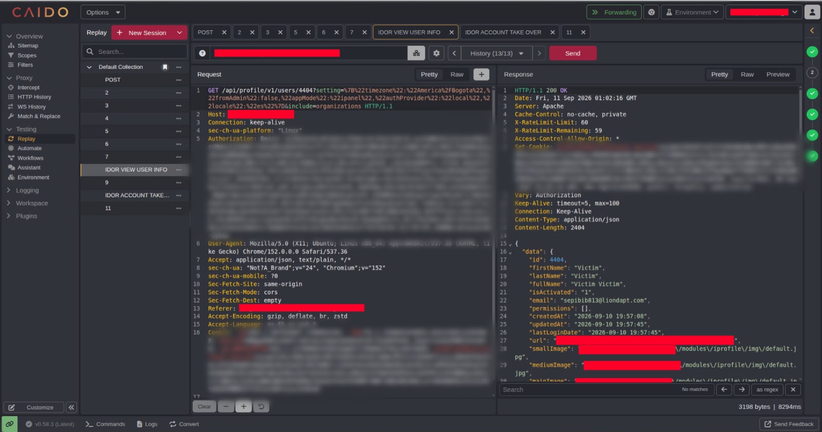 Petición GET al perfil de la víctima mostrando sus datos reales antes del ataque